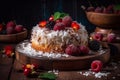 Coconut cake with raspberry jam and coconut flakes, decorated with fresh berries on a wooden board. Generative AI