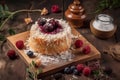 Coconut cake with raspberry jam and coconut flakes, decorated with fresh berries on a wooden board. Generative AI