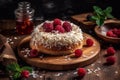 Coconut cake with raspberry jam and coconut flakes, decorated with fresh berries on a wooden board. Generative AI