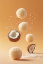 Coconut candy balls soar across a clean, minimalist background with a peach gradient, forming a vertical creative food