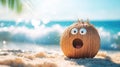 Coconut character with surprised expression on tropical background Royalty Free Stock Photo