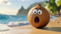 Coconut character with surprised expression on tropical background Royalty Free Stock Photo