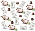 Coconut chocolate pattern. Vector packaging design. Healthy organic product, natural vegan nutrition vector