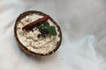 Coconut chutney in coconut shell with mustard seeds and red chili pepper. Royalty Free Stock Photo