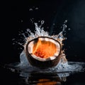 Coconut in the clash of water and fire on black background.