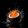 Coconut in the clash of water and fire on black background.