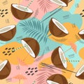 Coconut, cocktail, leaves and abstract elements. Summery, tropical seamless pattern Royalty Free Stock Photo