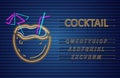 Coconut cocktail neon Vector. Summer tropic drink banner posters Royalty Free Stock Photo