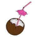 Coconut with a cocktail straw icon. Vector illustration of a broken coconut with a decorative umbrella for cocktails Royalty Free Stock Photo