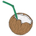 Coconut with a cocktail straw icon. Vector illustration of a broken coconut with a decorative umbrella for cocktails. Royalty Free Stock Photo