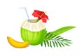 Coconut Cocktail with Straw and Palm Leaves as Ecuadorian Summer Refreshment Vector Illustration