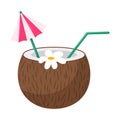 Coconut cocktail with straw, umbrella and flower. A beach summer refreshing drink. A symbol of a beach party. Vector