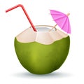 Coconut cocktail with straw and umbrella on white background