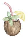 Coconut Cocktail, watercolor hand drawn beverages illustration