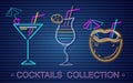 Coconut cocktails set neon Vector. Summer tropic drink banner posters Royalty Free Stock Photo