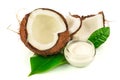 Coconut cocos with cream and green leaves