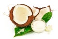 Coconut cocos with cream and green leaves