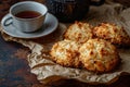 Coconut Cookies, Cocoanut Macaroons with Tea Cup, Biscuits with Coco Chips and Coffee Cup Royalty Free Stock Photo