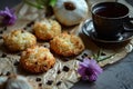 Coconut Cookies, Cocoanut Macaroons with Tea Cup, Biscuits with Coco Chips and Coffee Cup Royalty Free Stock Photo