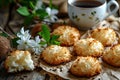 Coconut Cookies, Cocoanut Macaroons with Tea Cup, Biscuits with Coco Chips and Coffee Cup Royalty Free Stock Photo