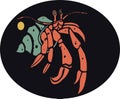 Beautiful cartoon illustration of retro coloured crab and yellow moon and in black background