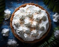 coconut cream pie on a blue table with coconut leaves and white flowers banco de imagens