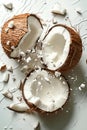 A coconut is broken open and the shell is shattered. Generative AI Royalty Free Stock Photo