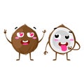 Coconut. Cute fruit vector character couple isolated on white background. Funny emoticons faces. Illustration.