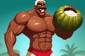 Coconut Cute Strong man body builder super muscle cartoon style Illustration generative ai