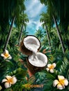 coconut cutting in half with milk around beautiful jungle background with plumeria flowers, with word \