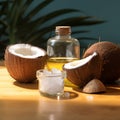 Coconut delight Table adorned with a slice and oil bottle