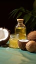 Coconut delight Table adorned with a slice and oil bottle