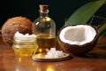 Coconut delight Table adorned with a slice and oil bottle