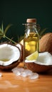 Coconut delight Table adorned with a slice and oil bottle