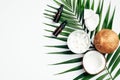 Coconut essential oil with palm leaf and sliced coconut on white background. Flat lay, top view. SPA natural organic cosmetic for
