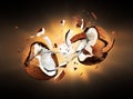 Coconut explodes into pieces in the dark Royalty Free Stock Photo