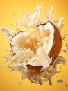 Coconut explosion against a pure yellow background Royalty Free Stock Photo