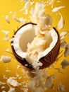 Coconut explosion against a pure yellow background Royalty Free Stock Photo