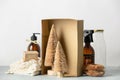 Coconut fiber Christmas trees in a box, Zero waste beauty body care and house cleaning items Royalty Free Stock Photo