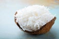 Coconut flakes in a shell on a blue background Royalty Free Stock Photo