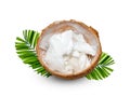 Coconut flakes in shell with palm leaf isolated on white background Royalty Free Stock Photo