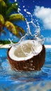 A coconut floating in the water, with palm trees and blue sky in the background, depicting a tropical beach scene. Royalty Free Stock Photo