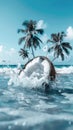 A coconut floating in the water, with palm trees and blue sky in the background, depicting a tropical beach scene. Royalty Free Stock Photo
