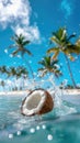 A coconut floating in the water, with palm trees and blue sky in the background, depicting a tropical beach scene. Royalty Free Stock Photo