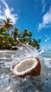 A coconut floating in the water, with palm trees and blue sky in the background, depicting a tropical beach scene. Royalty Free Stock Photo