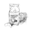 Coconut flour package, retro hand drawn vector illustration.