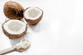 Coconut food and wooden spoon on white table background top view mockup