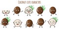 Coconut fruit cute funny cheerful characters with different poses and emotions