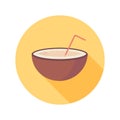 Coconut fruit with juice and straw flat vector icon