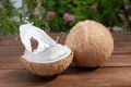 Coconut fruit and milk splash inside it on a background of a pal Royalty Free Stock Photo